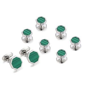 Stunning Green Malachite Silver Octagon Cufflinks Tuxedo Studs Formal 8 Pcs Set